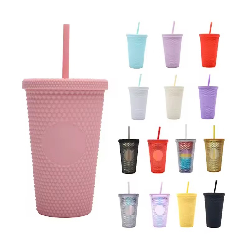 Shiny Plastic tumbler with lid and straw