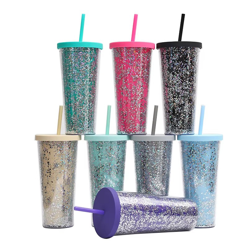 Shiny double layer large capacity plastic tumbler