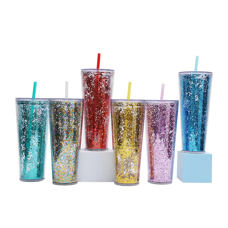 Glitter transparent snowflakes plastic tumbler