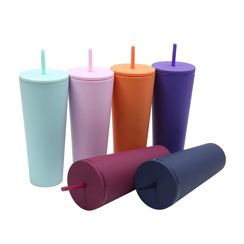 Gradient double layer plastic tumbler with straw