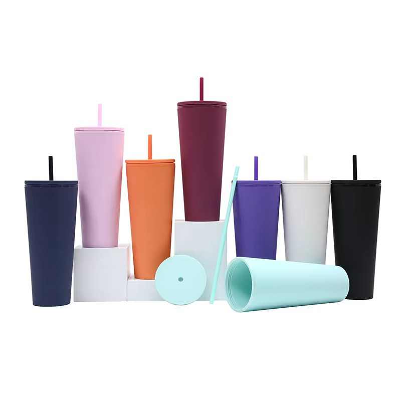 Gradient double layer plastic tumbler with straw