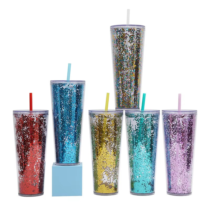 Glitter transparent snowflakes plastic tumbler