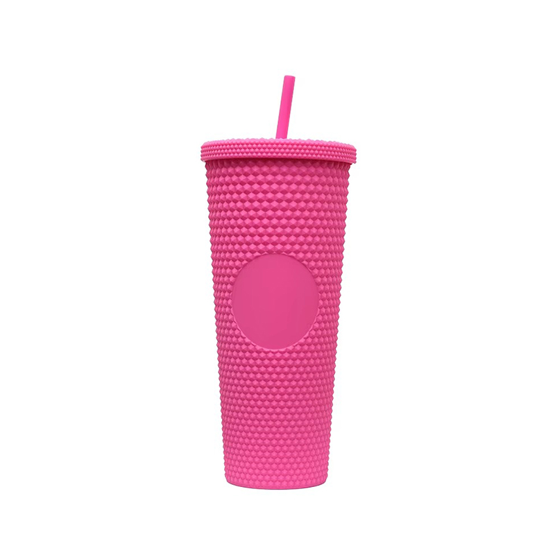 Solid color insulation plastic tumbler with lid and straw